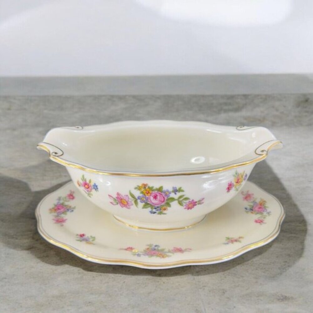 Vintage Baronet Bohemian Rose Czechoslovakia Pink Gravy Boat W Under Plate Vtg